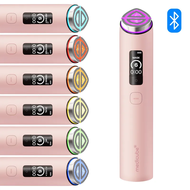Medicube AGE-R Booster Pro X2 in pink, shown with its mode display screens, on white